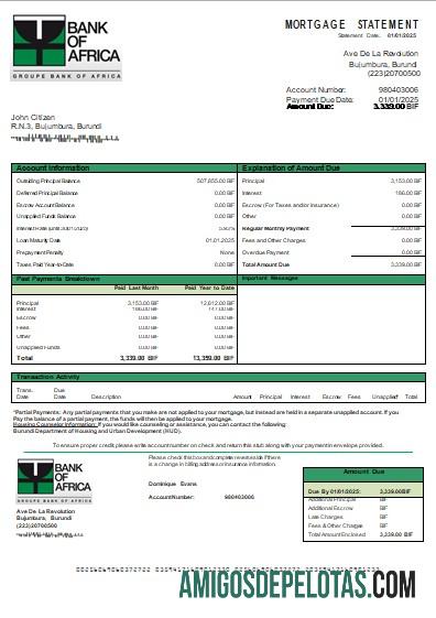 Declaração de hipoteca bancária do Burundi Bank Of Africa exemplo real